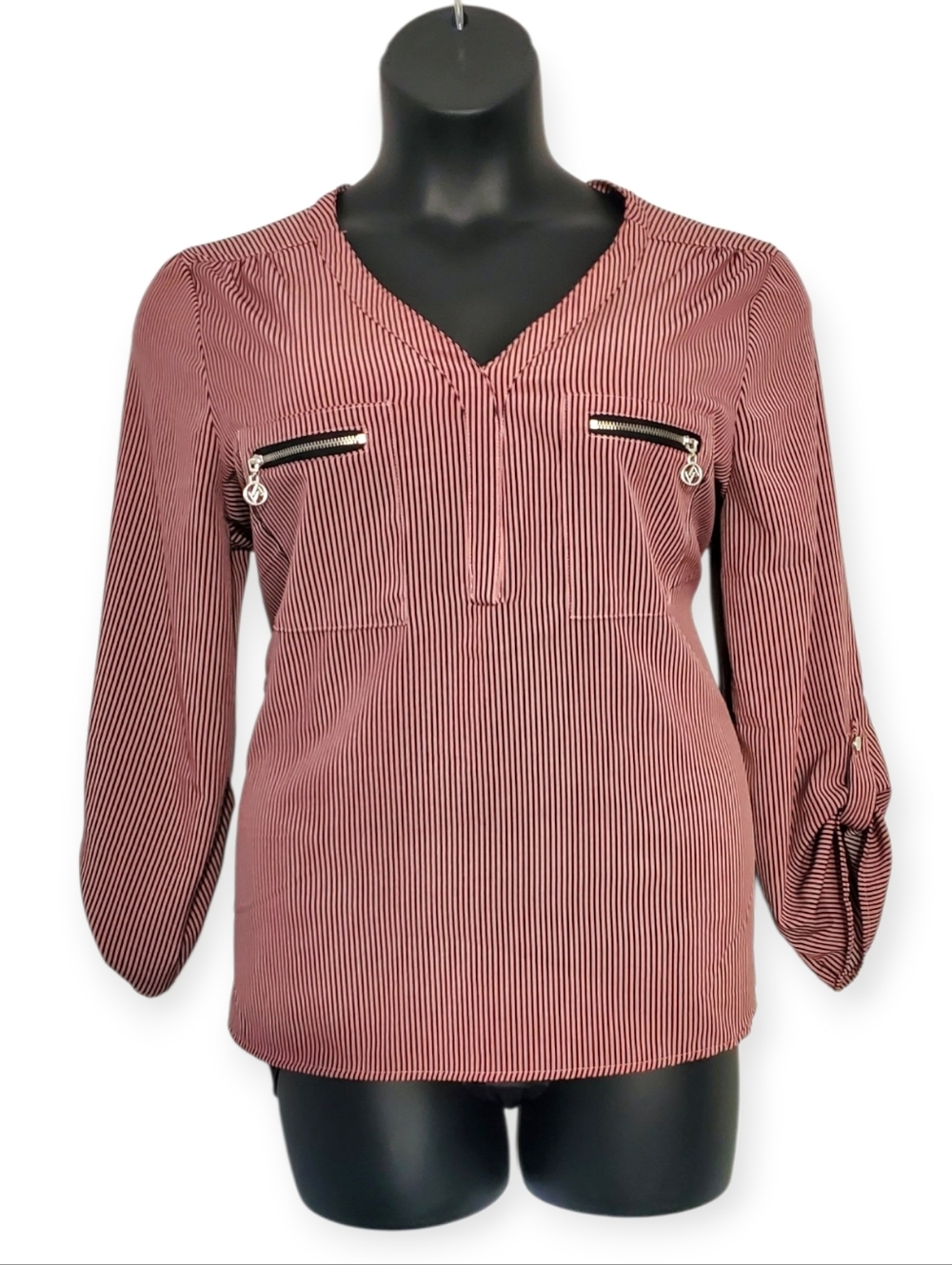 Adrienne Vittadini Pink Striped V-Neck Blouse with Zip Pockets
